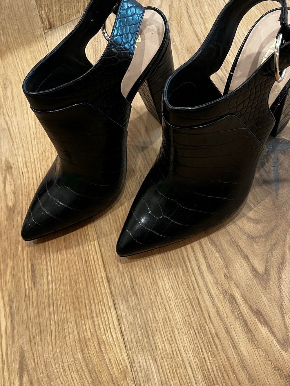 Aldo Black Croc-Embossed Pointed Slingback Block Heels 10 Black - Picture 2 of 9